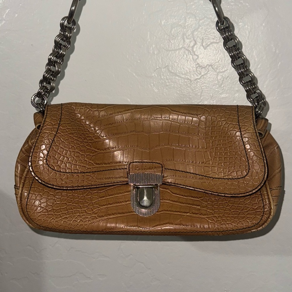 Prada Y2K Croc-Embossed Leather Tan Shoulder Bag